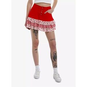Hot Topic Sweet Society Strawberry Gingham Ruffle Tiered Mini Skirt Sz S/M